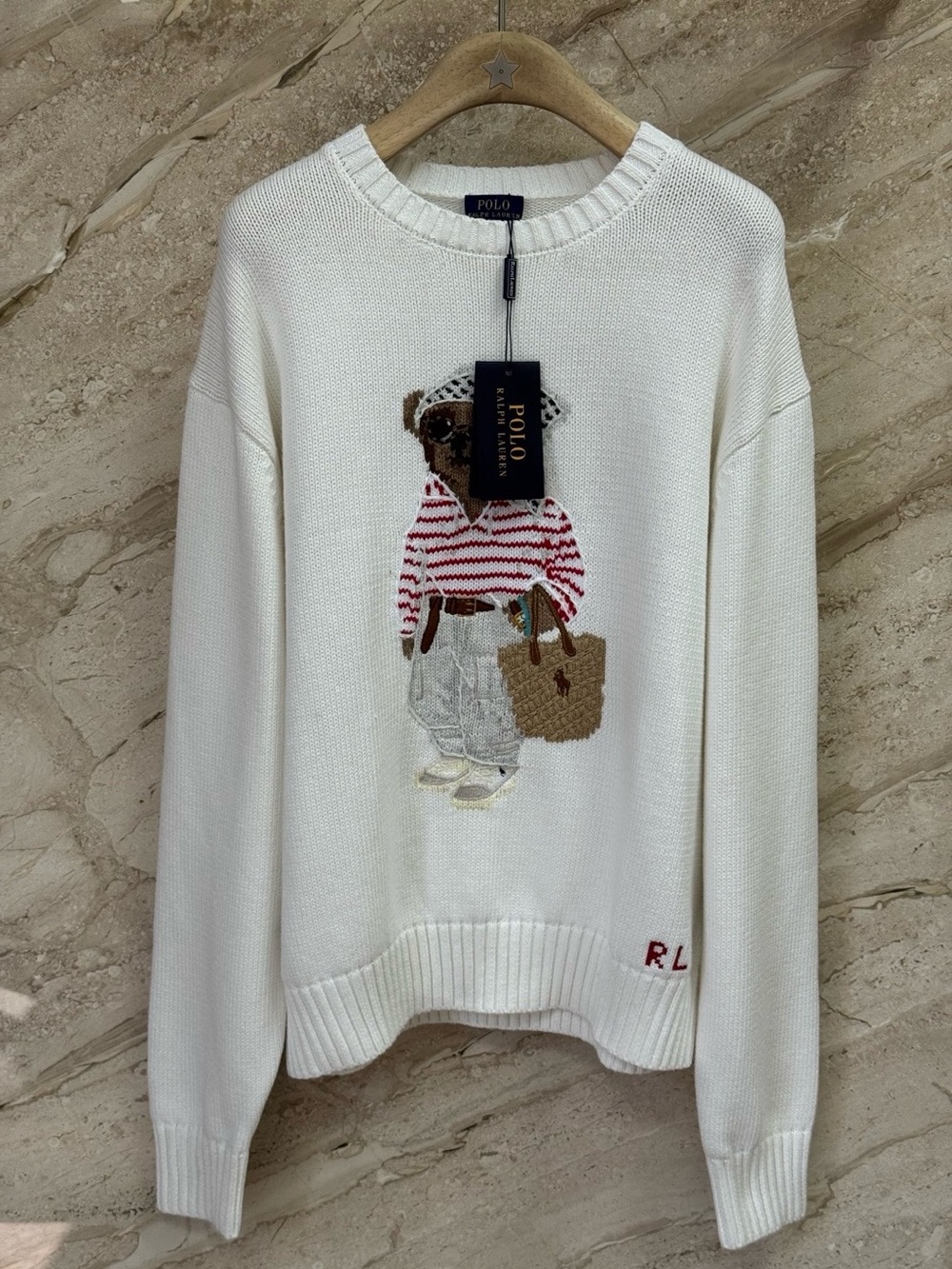 Polo Ralph Lauren White Vacation Polo Bear Crewneck Knit Sweater